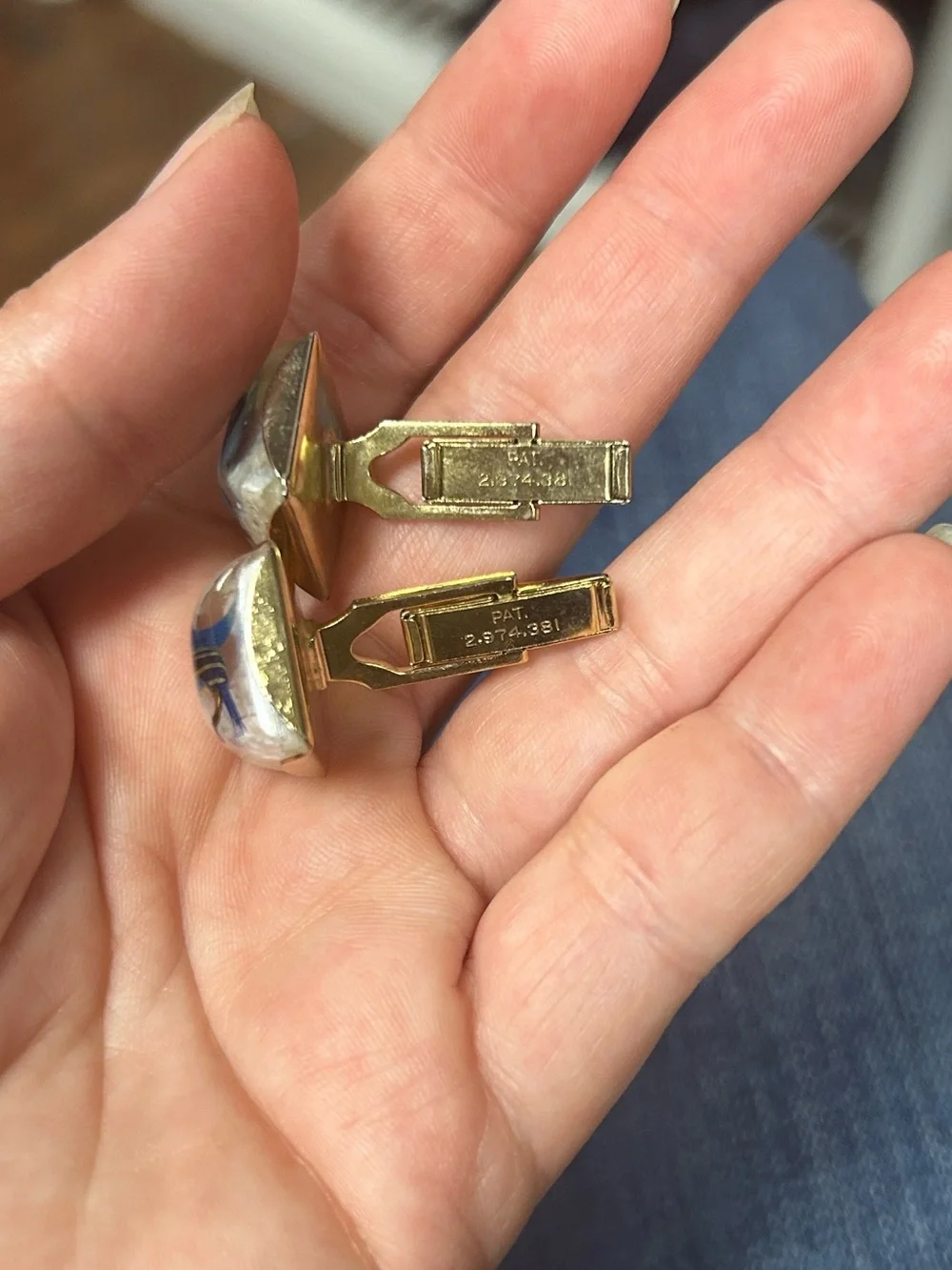 Vintage Fishing Lure Cuff Links with Iridescent Inlay and Gold Tone